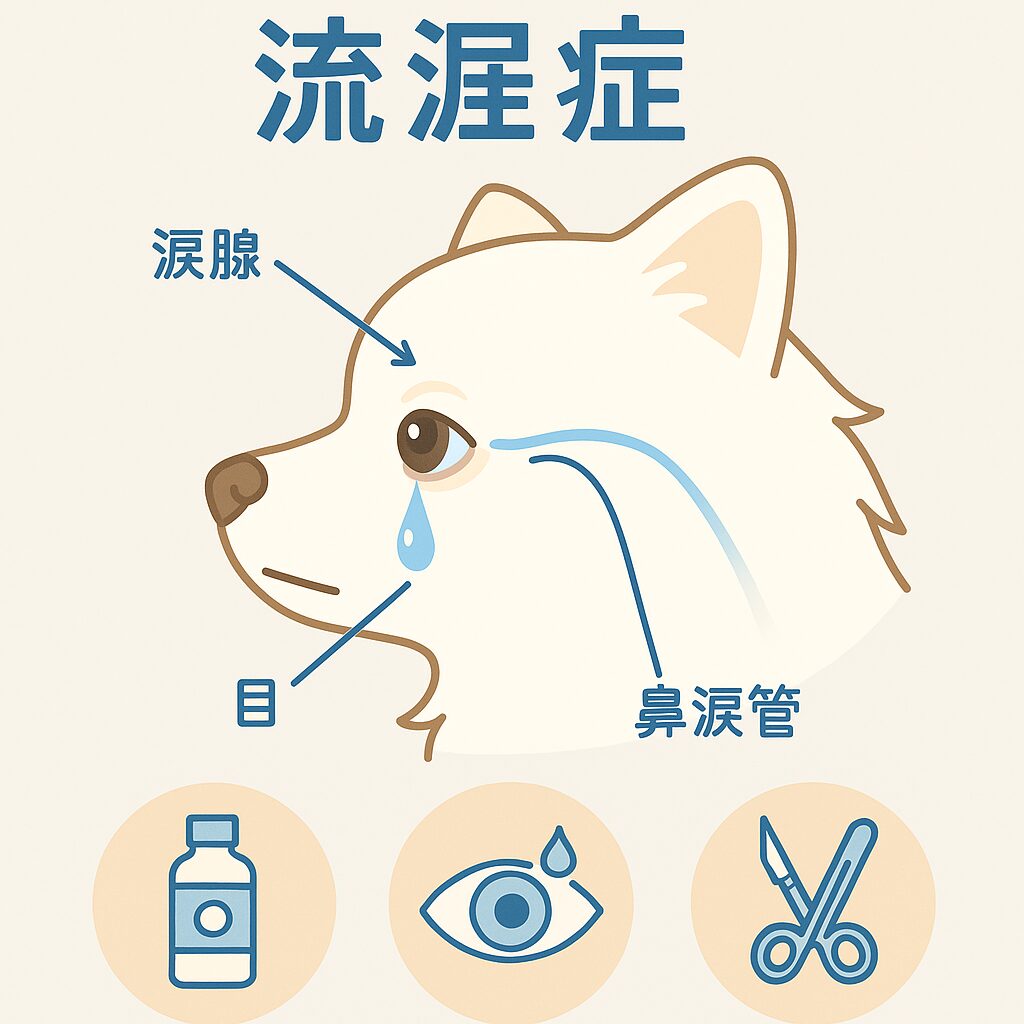 白ポメラニアンの横顔図解。涙腺・鼻涙管・目の位置を示し、下部に治療法アイコン(洗浄・点眼・手術)が描かれている。