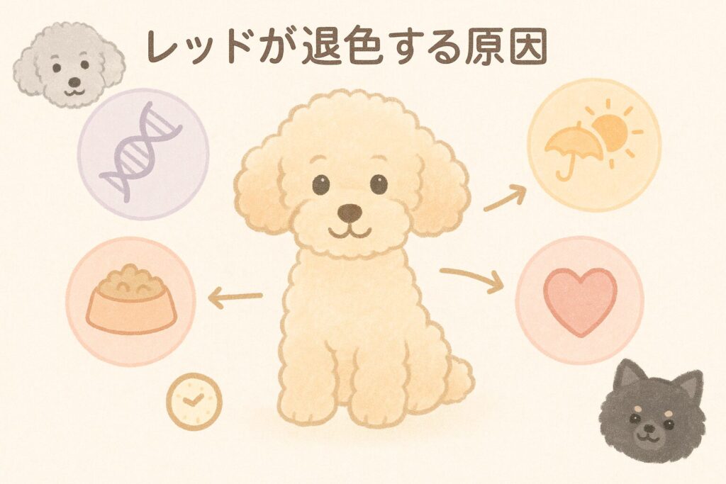 中央のアプリコットプードルを囲む5つの原因アイコン(DNA、時計、フード、太陽と傘、ハート)を配置した可愛い図解。