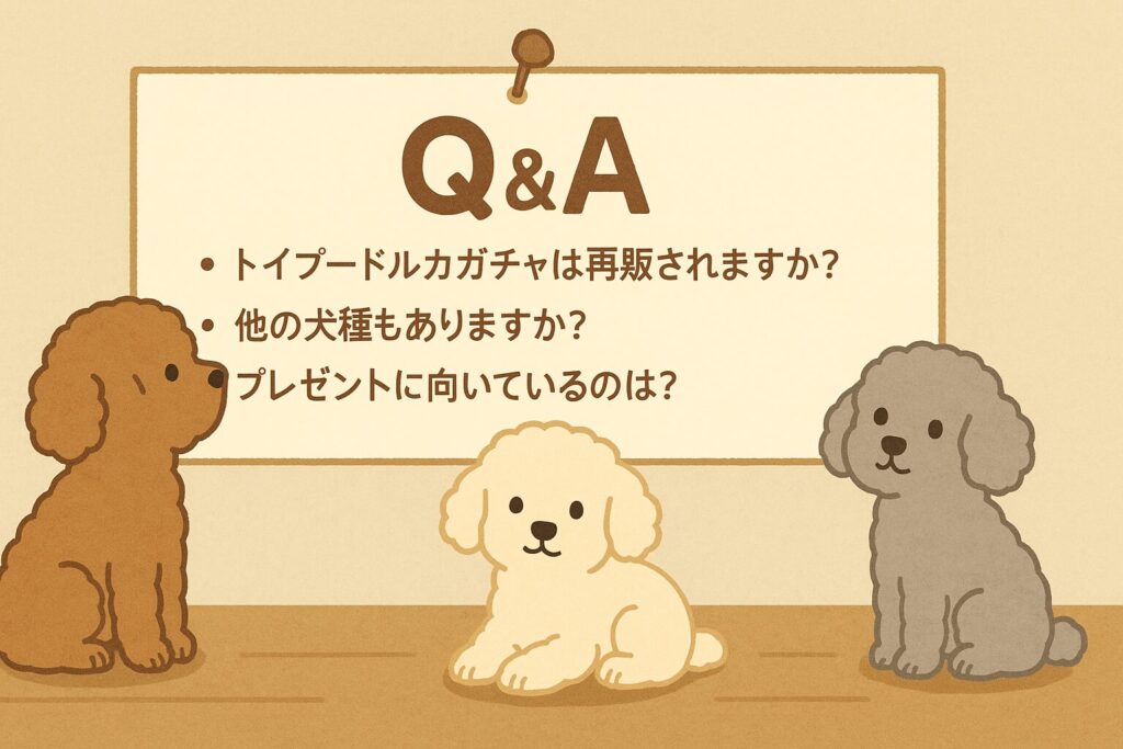 トイプードルたちが「再販されますか?」「他の犬種もありますか?」などの質問を書いたボードの前に座っている可愛いイラスト。
