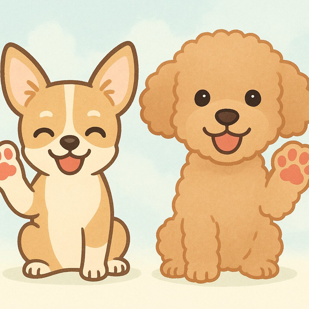 チワワとプードルが並んで肉球を見せながらニコニコしているイラスト