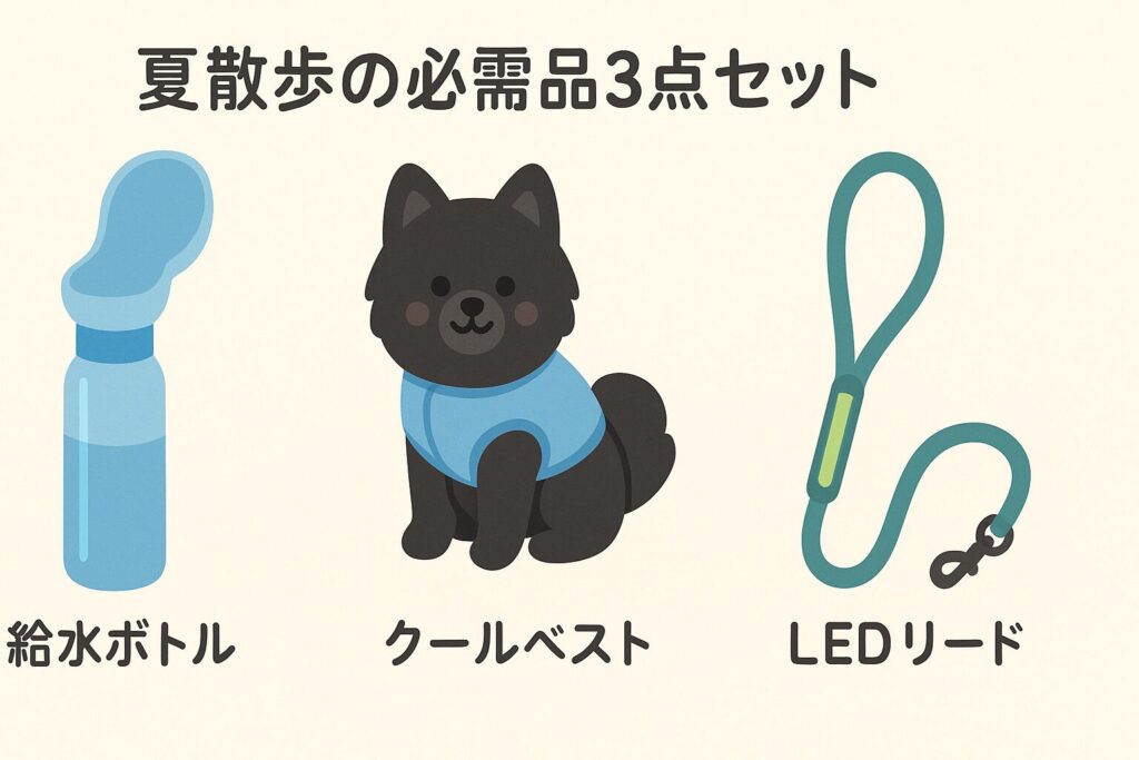 夏の犬散歩に必要なグッズをフラットに並べたイラスト。黒ポメが装着例を見せる。