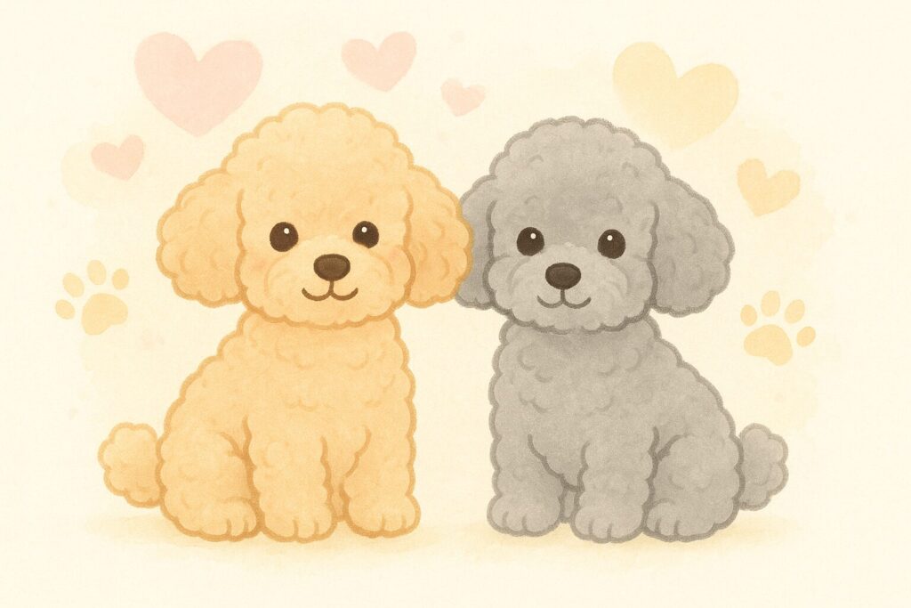 アプリコットとシルバーのトイプードル・ドワーフが並んで座る、ハートと肉球に囲まれた可愛いイラスト。