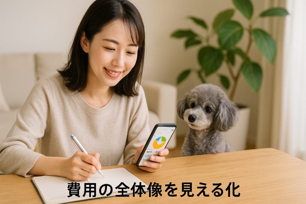 日本人女性がシルバートイプードルと一緒に家計簿をつけているナチュラルな室内写真