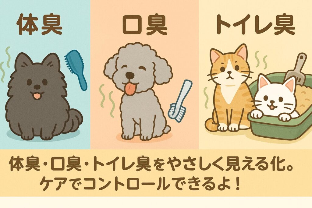 黒ポメ&シルバートイプードルとマンチカン&白猫が3分割パネルで「体臭・口臭・トイレ臭」をコミカルに示す解説イラスト