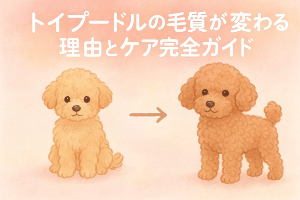 トイプードルの子犬と成犬が並び、毛質の変化をやさしく表現したイラスト