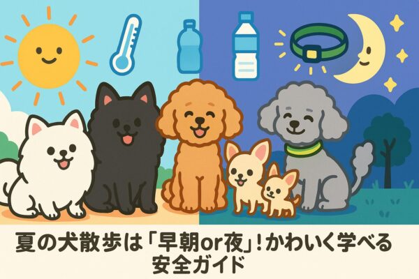 夏の散歩安全ガイドを示すイラスト。白黒ポメ、プードル、チワワが朝夕の空の下で笑顔。