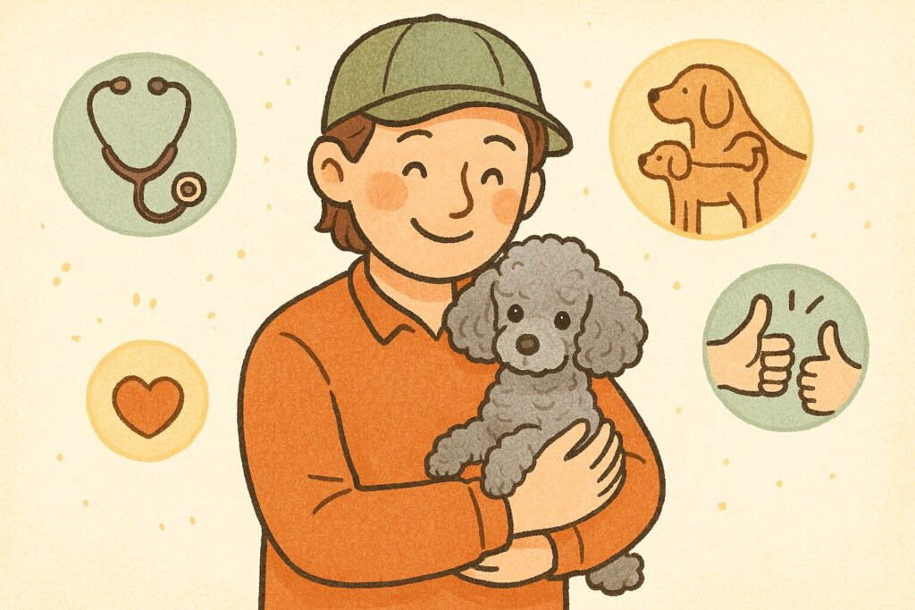 優しい表情のブリーダーがシルバートイプードルを抱き、周囲に健康や安心を示すアイコンが配置されたイラスト。