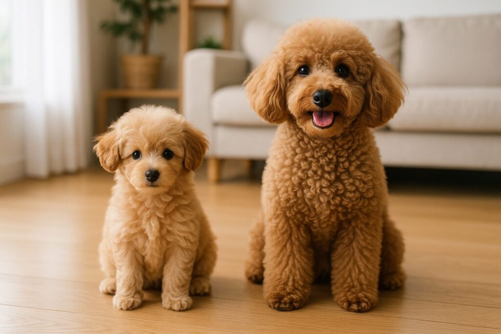 室内で座るアプリコットトイプードルの子犬と成犬が、毛質の違いを見せる様子