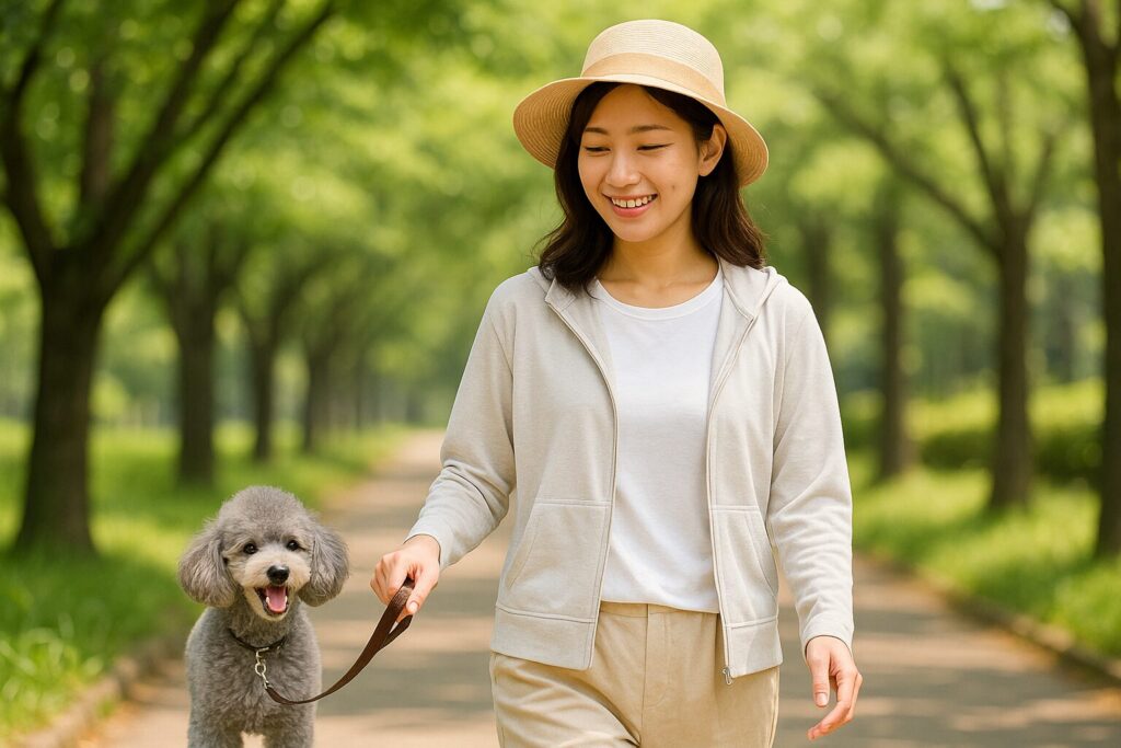自然な笑顔の日本人女性とシルバートイプードルが木陰の遊歩道を散歩する写真(帽子や薄手UVウェア)