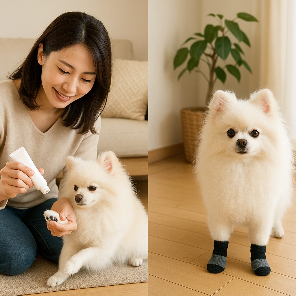 日本人女性が白ポメラニアンに肉球クリームを塗る様子と靴下を履いた犬の実写風画像