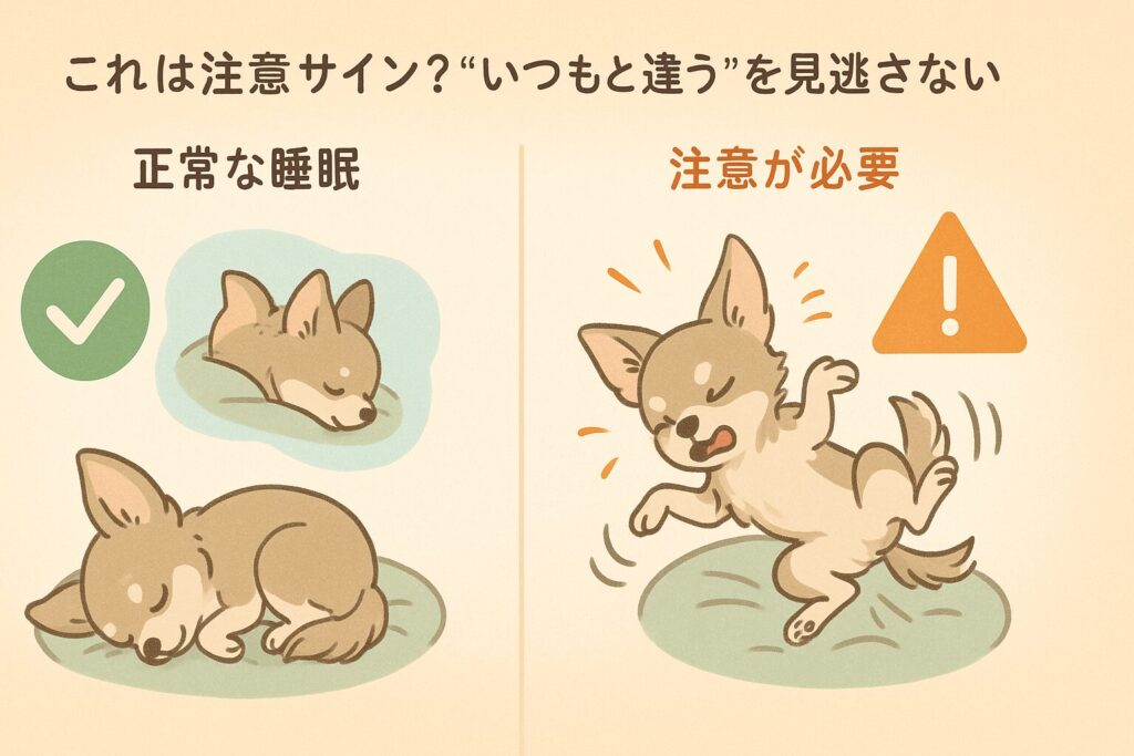 睡眠中に激しく動くチワワと、通常の寝姿を対比したやさしい注意喚起イラスト