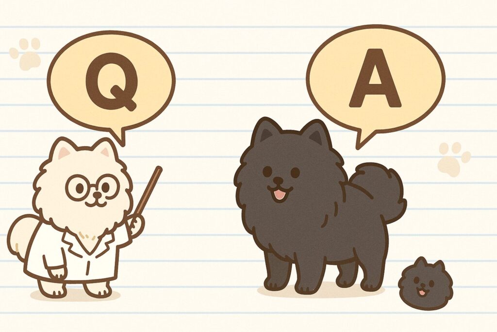 白衣を着た白ポメ研究員と黒ポメがQとAの吹き出しで会話する可愛いイラスト