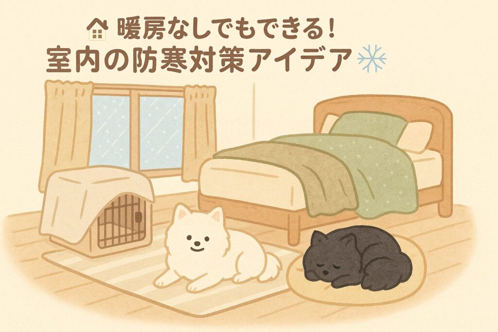 断熱シートやラグ・毛布で冬の室内を快適に過ごす白ポメラニアンと黒ポメラニアンのイラスト