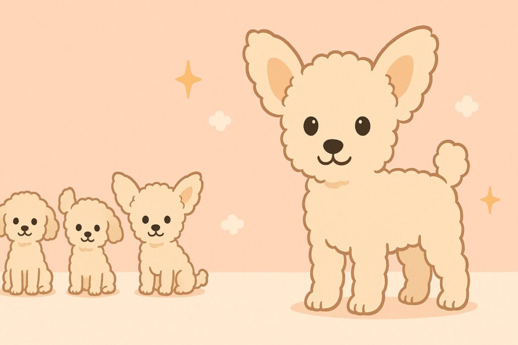 立ち耳のトイプードルが本を読んでいる、やさしい色合いのイラスト