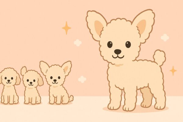 立ち耳のトイプードルが本を読んでいる、やさしい色合いのイラスト