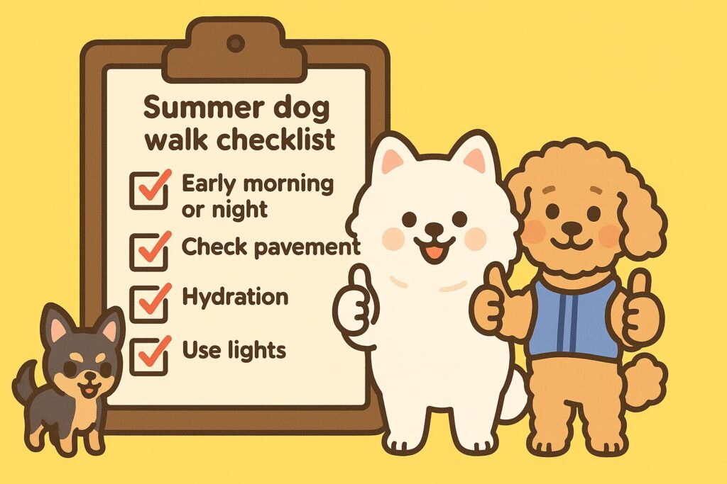 白ポメとアプリコットプードルがチェックボードの前で合図する総まとめイラスト。