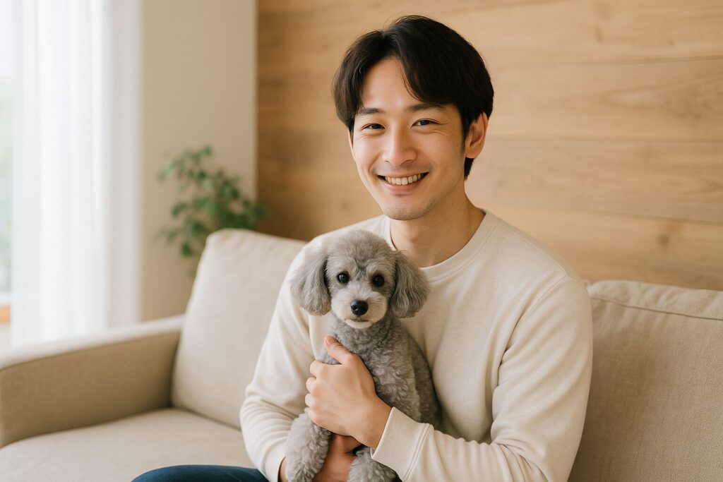 シルバートイプードルを抱いて微笑む日本人男性の実写。自然光の差し込むリビングで撮影。