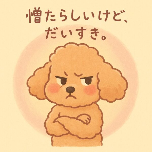 腕を組んでふんっとそっぽを向くアプリコットのトイプードル。憎たらしいけど可愛い気持ちを表現したやさしいイラスト。