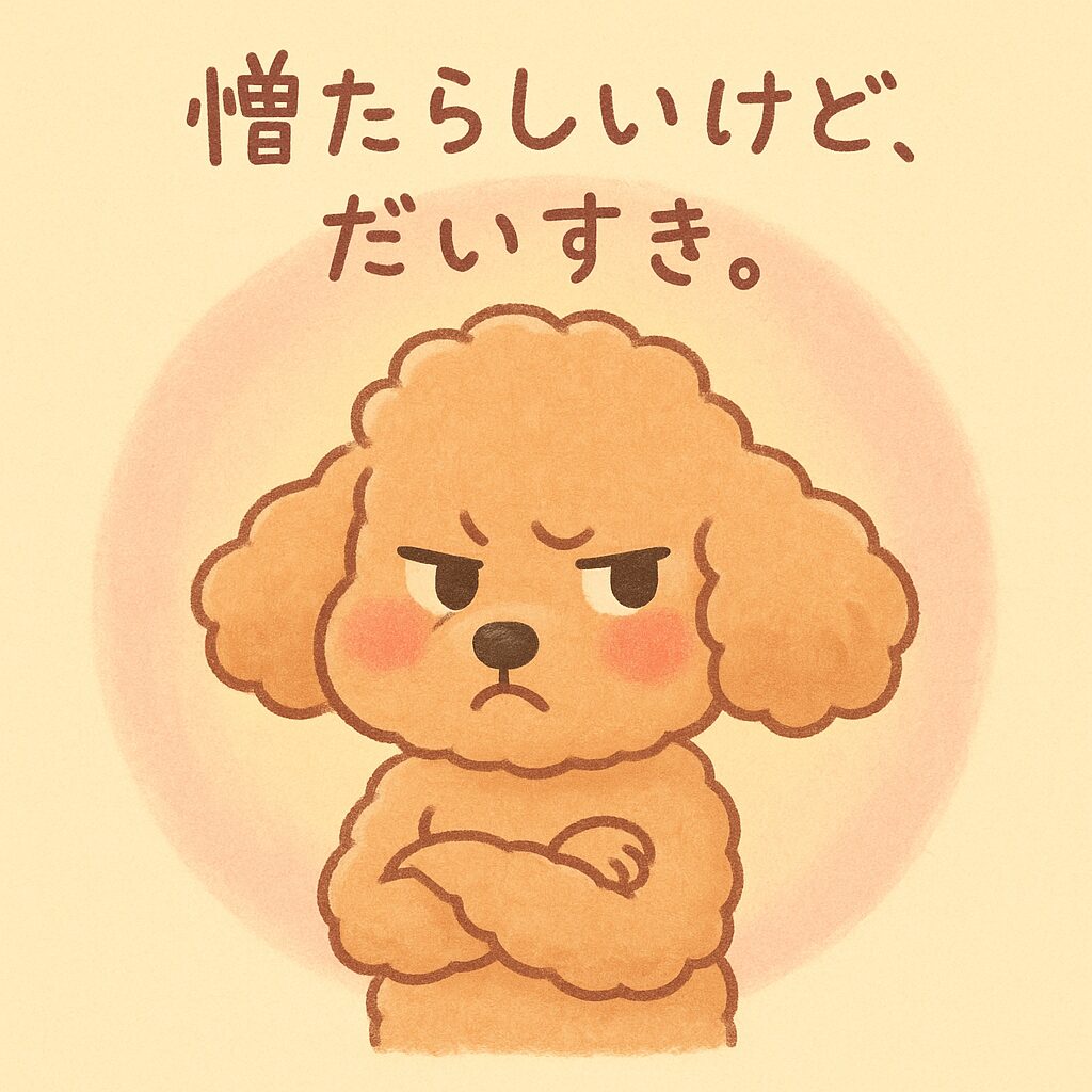 腕を組んでふんっとそっぽを向くアプリコットのトイプードル。憎たらしいけど可愛い気持ちを表現したやさしいイラスト。