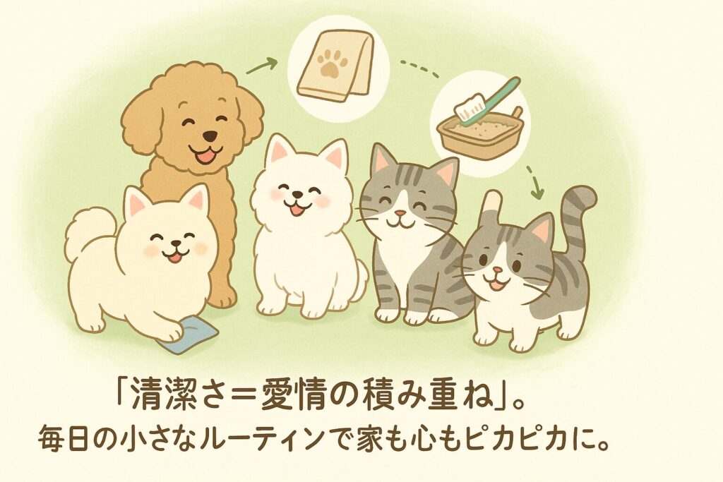 アプリコットプードル&白ポメとマンチカン&サバトラ猫が円形に並び、足拭き・歯みがき・猫砂の3アイコンが回る優しいまとめイラスト
