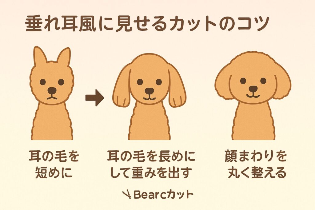 立ち耳をやわらかく見せる3パターンのトリミング図解イラスト(トイプードル)