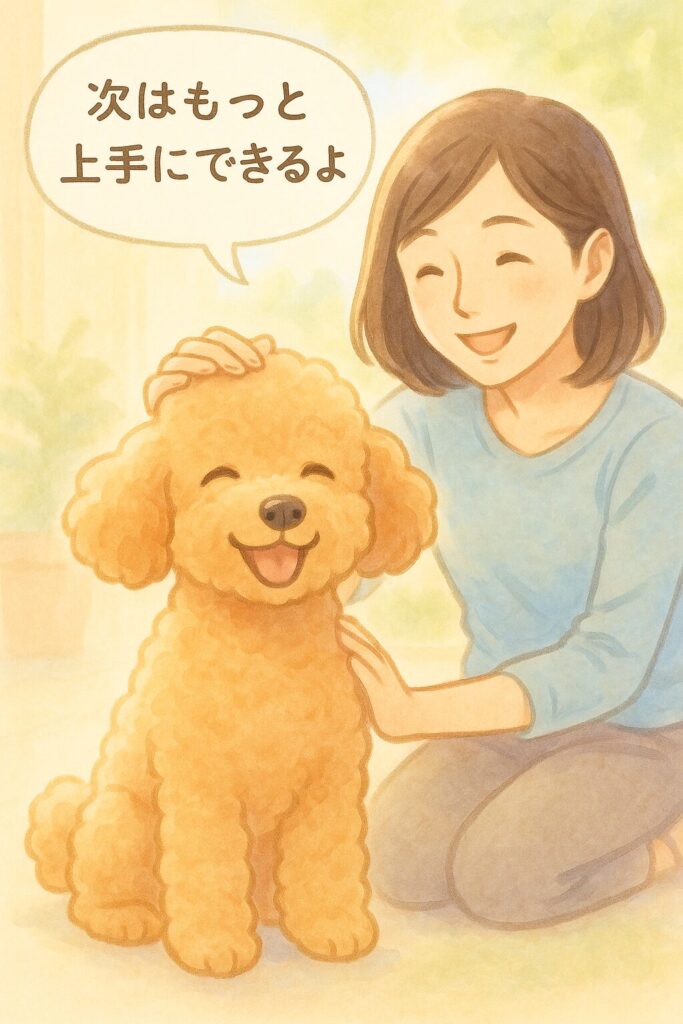 アプリコットトイプードルが嬉しそうに笑い、飼い主の日本人女性が優しく頭をなでるあたたかいイラスト。「次はもっと上手にできるよ♪」の吹き出し入り