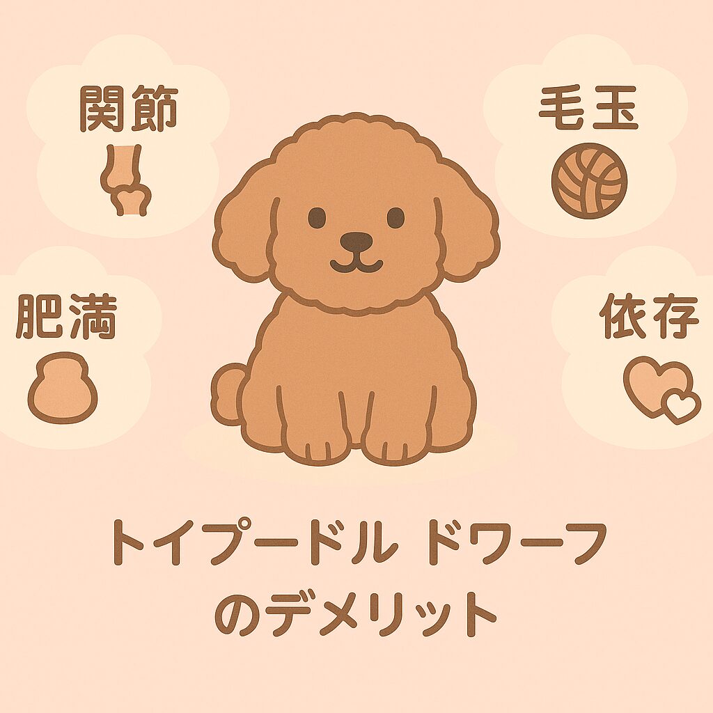 中央にドワーフのトイプードル、その周りに関節・肥満・毛玉・依存などのアイコンを配置したイラスト。