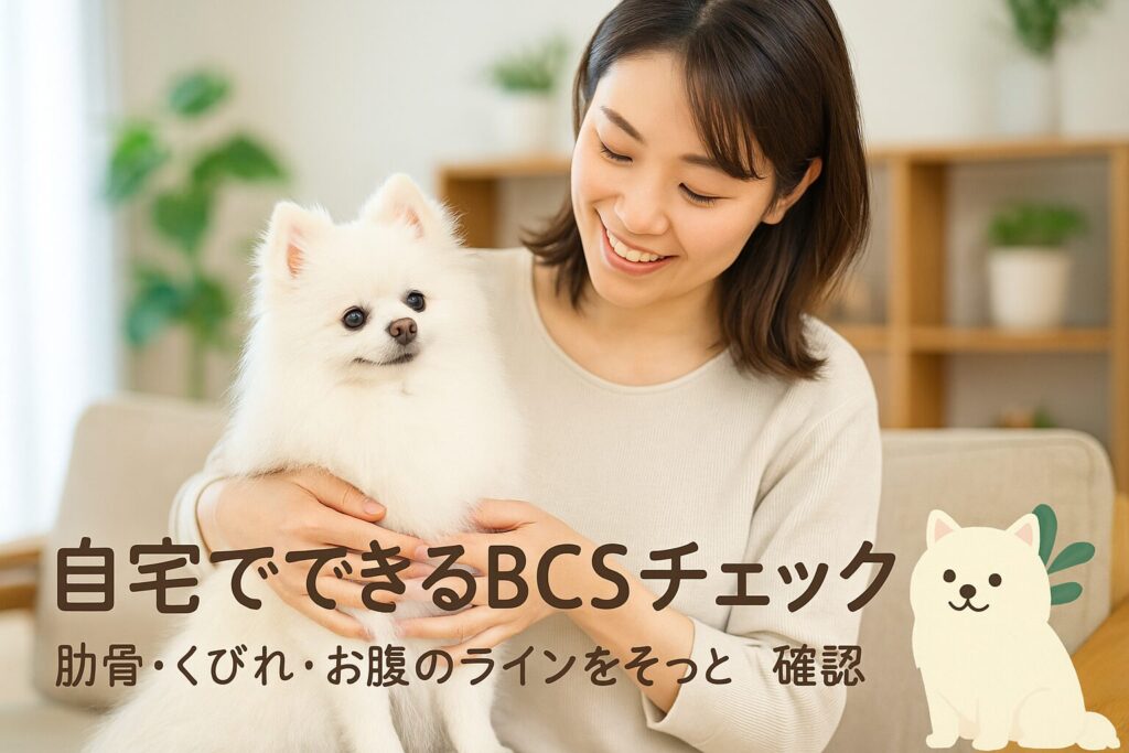 日本人女性が白ポメラニアンの体を優しく触ってBCSを確認している写真