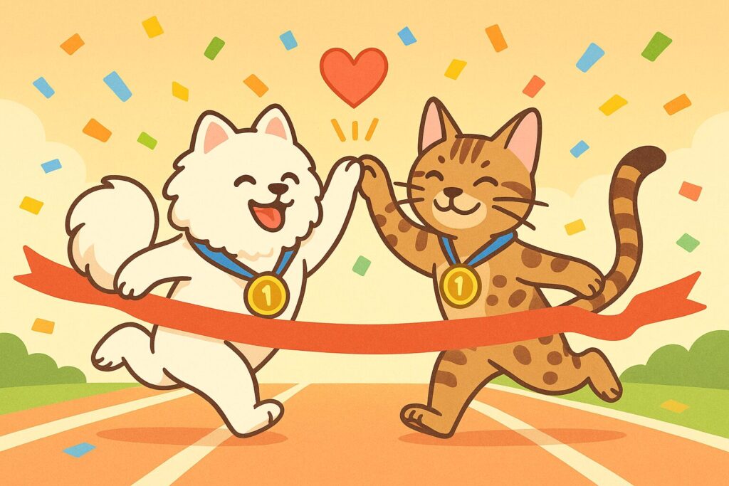 白ポメラニアンとベンガル猫がハイタッチするゴールシーンの可愛いイラスト(メダルとハート付き)