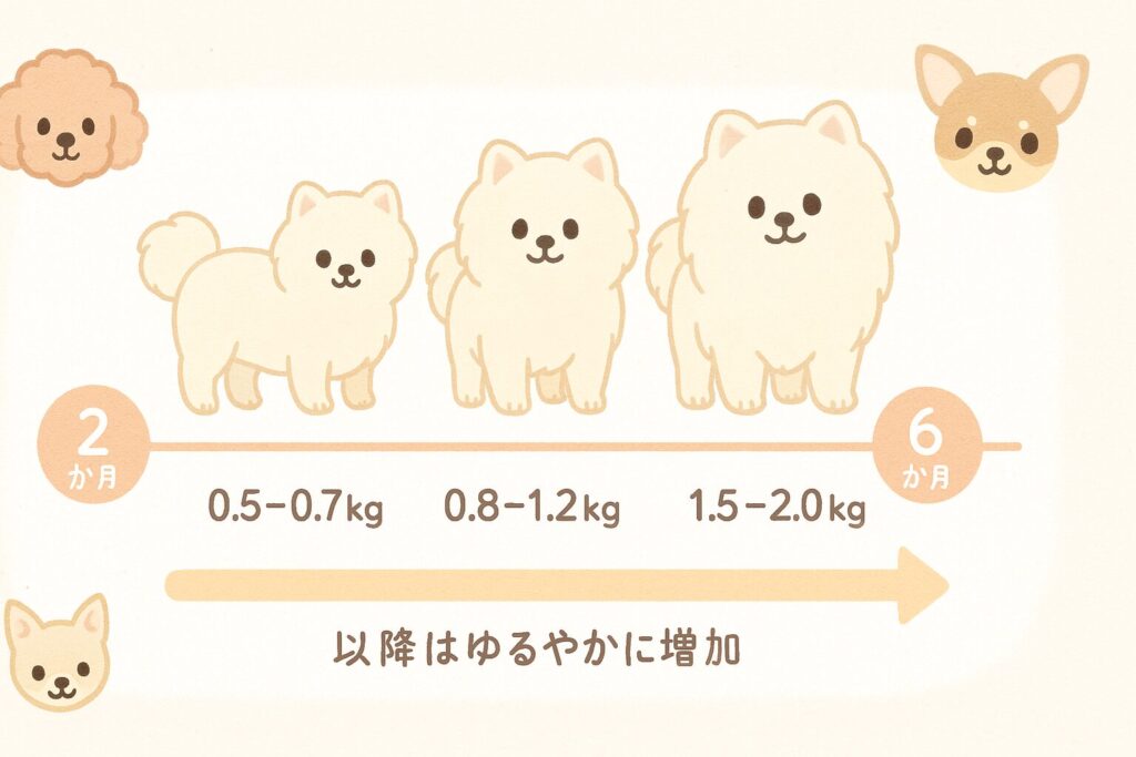 子犬が少しずつ大きくなる様子をタイムラインで示した、ポメラニアンの成長イラスト