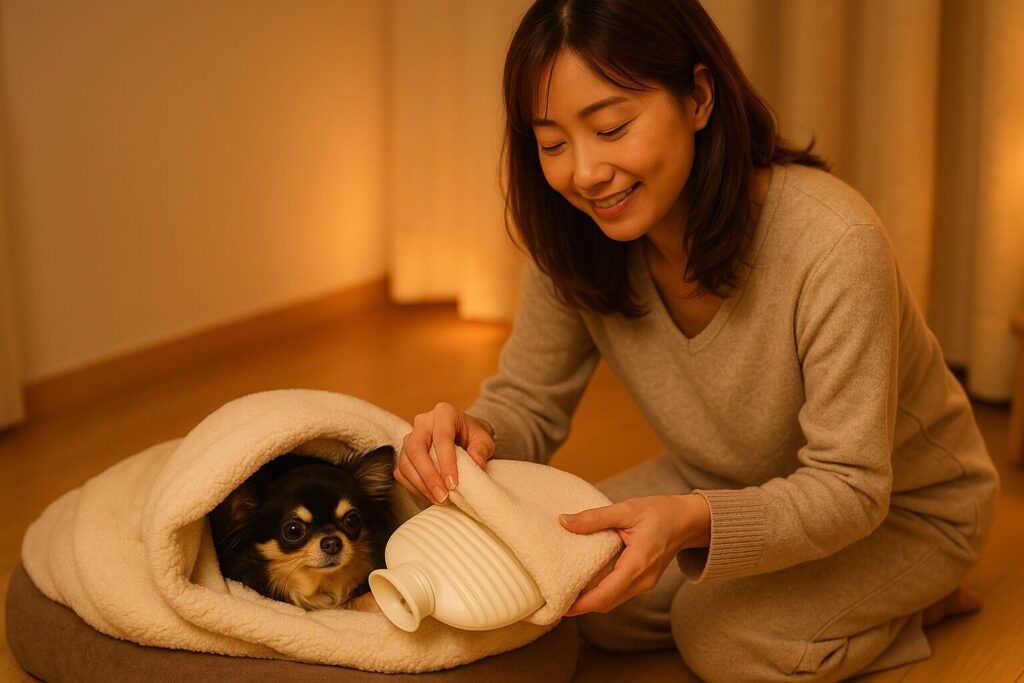 日本人女性がチワワに湯たんぽをセットしてあげる夜の室内シーン(暖房なしで安心できる防寒対策)