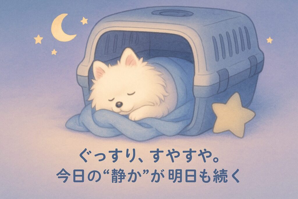 白ポメラニアンが毛布に包まれ、クレートの中で安心して眠るやさしい夜のイラスト。月と星が静かな時間を演出。