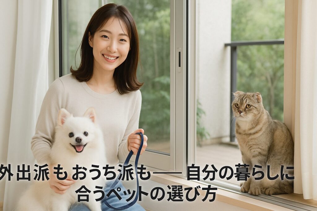日本人女性が白ポメラニアンのリードを手に微笑み、隣でスコティッシュフォールドが窓辺に座る自然光カット