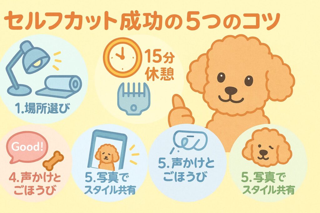 アプリコットトイプードルが親指を立て「セルフカット成功の5つのコツ」を紹介する明るいインフォグラフィック風イラスト