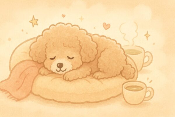 ふかふかのベッドで気持ちよさそうに眠るシニアのトイプードル。頑張ってきた体をやさしく休める姿。