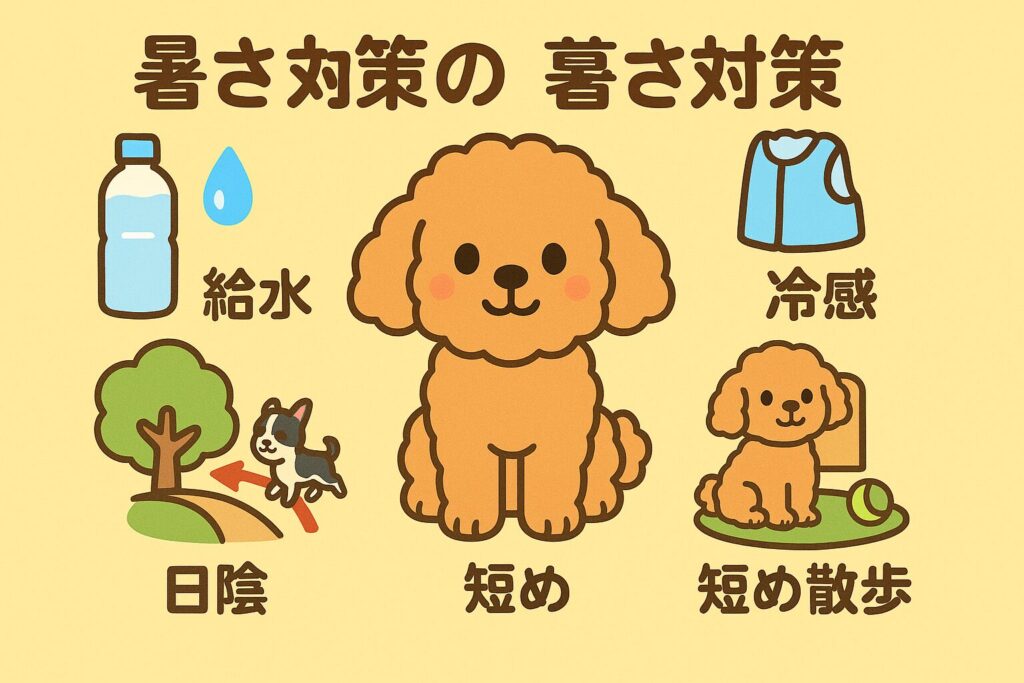 アプリコットプードルとチワワで夏の散歩の暑さ対策を図解したイラスト。