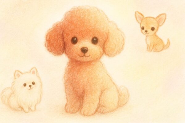 色がゆっくり変化するトイプードル（レッド）をやさしく描いたイラスト。背景はパステル、白ポメラニアンとチワワが小さく寄り添う。