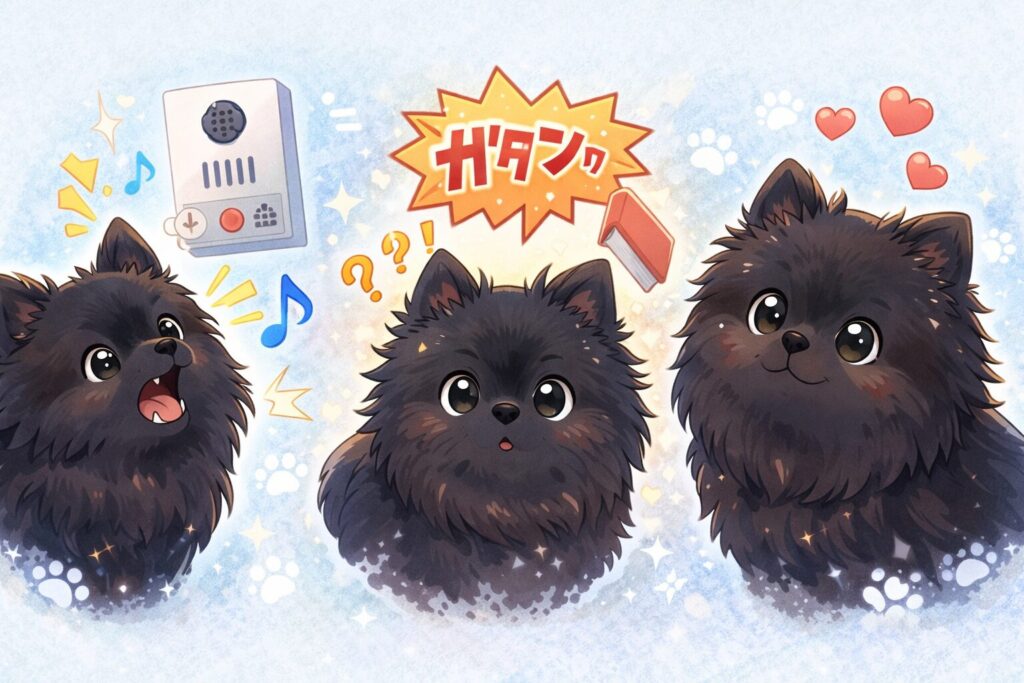 インターホンや物音に反応する黒ポメラニアンの特性を表したイラスト