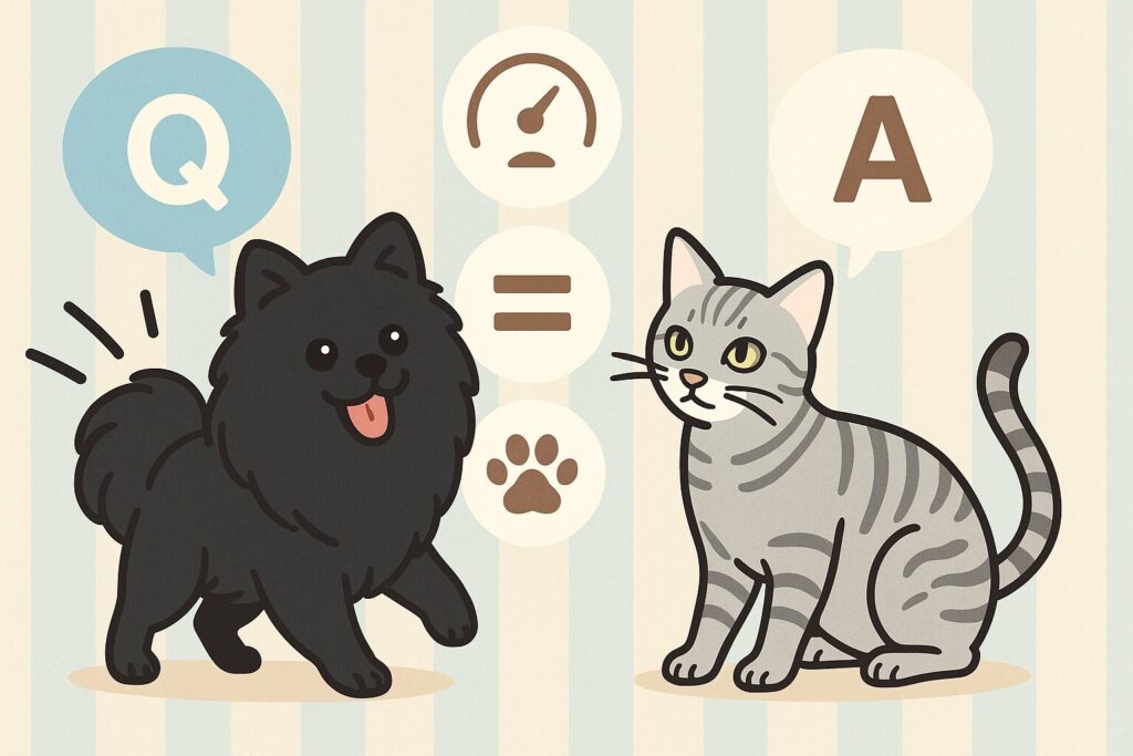 黒ポメラニアンとエジプシャンマウがQとAの吹き出しで会話する可愛いイラスト(速度アイコン付き)