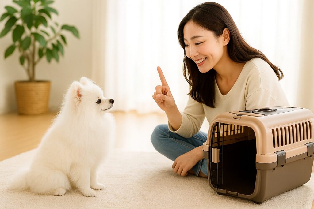 清潔感のある日本人女性がシルバートイプードルに手信号。そばに開いたクレート、明るい室内。