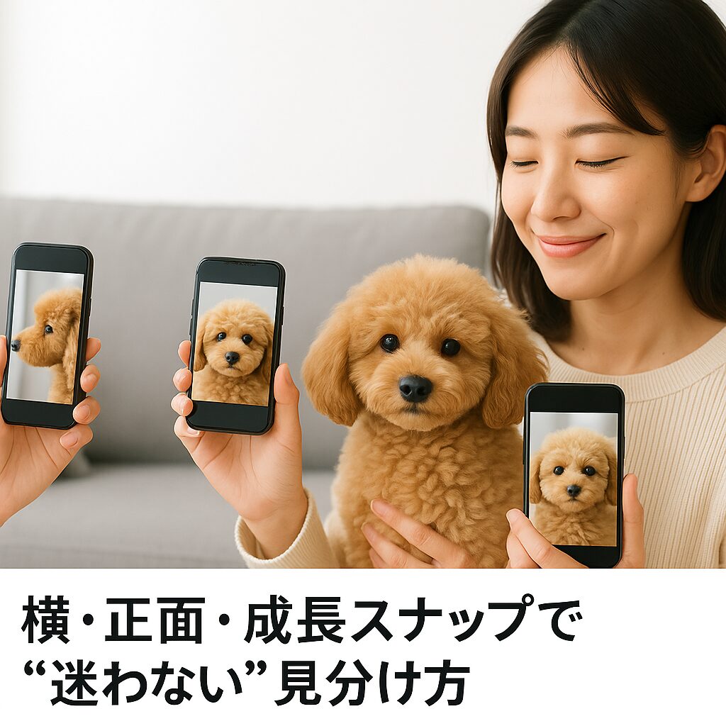 自然光の室内で、清潔感のある日本人女性がアプリコットのトイプードルをスマホで横顔→正面→子犬期写真と並べて撮影している様子のフォト。やわらかい笑顔とナチュラルな生活感。