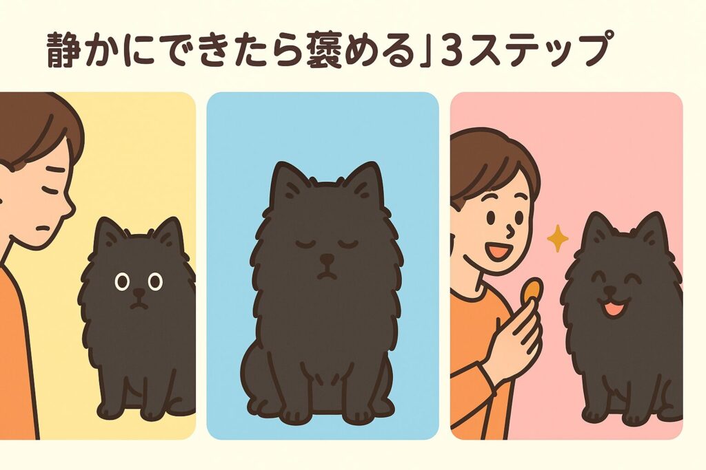 黒ポメラニアンが「無反応→静か→ご褒美」の3コマで学ぶ可愛いトレーニングイラスト。