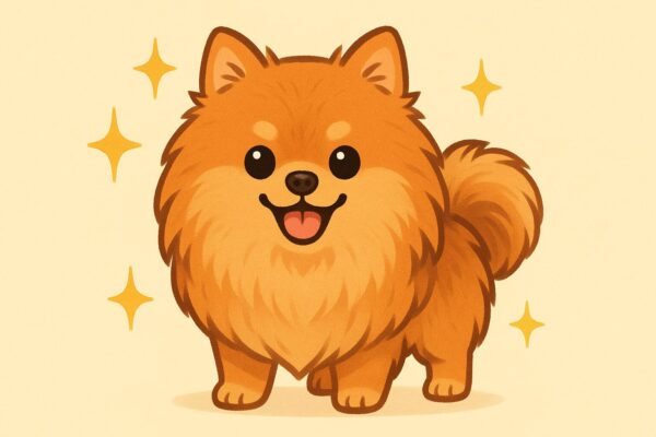 微笑むオレンジセーブルのポメラニアンが花と光の中でポーズを取るイラスト