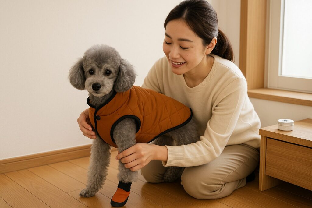 日本人女性がシルバートイプードルにコートとブーツを優しく装着
