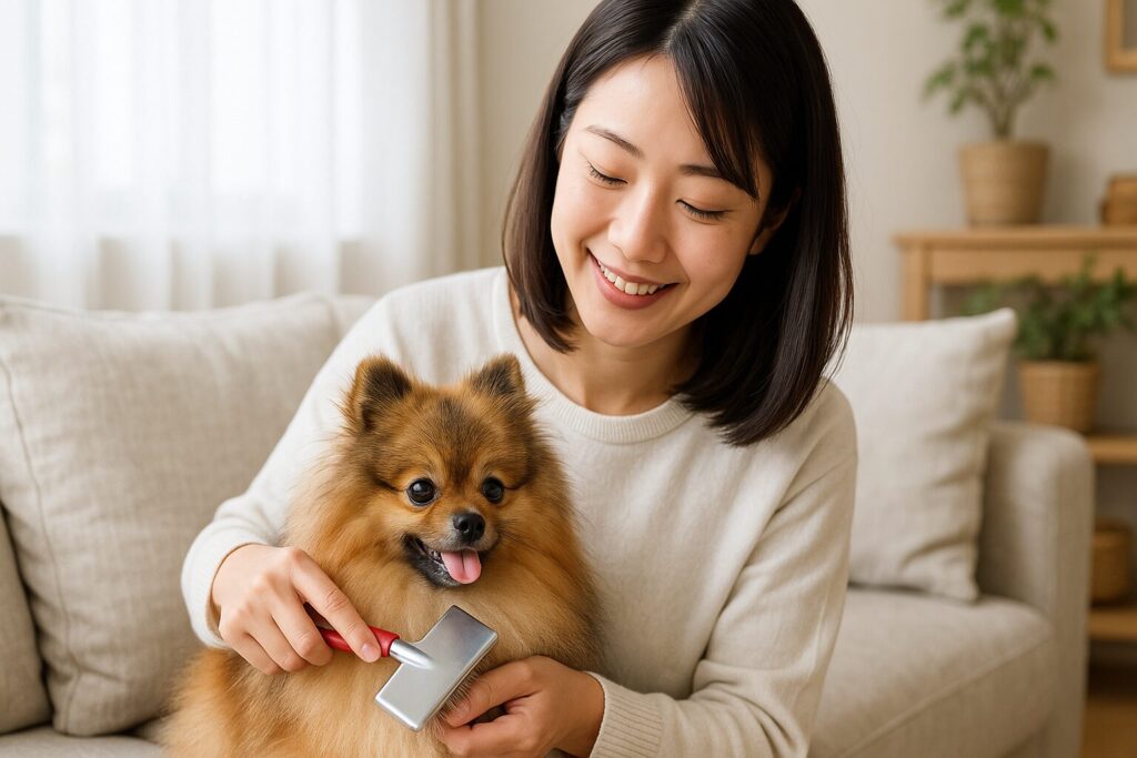 清潔感のある日本人女性がオレンジセーブルのポメラニアンを優しくブラッシングする写真