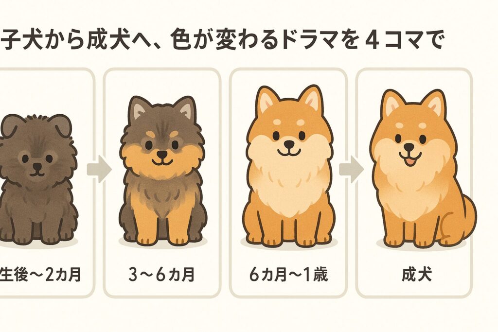 生後〜2カ月、3〜6カ月、6カ月〜1歳、成犬の色変化を並べた年齢順イラスト