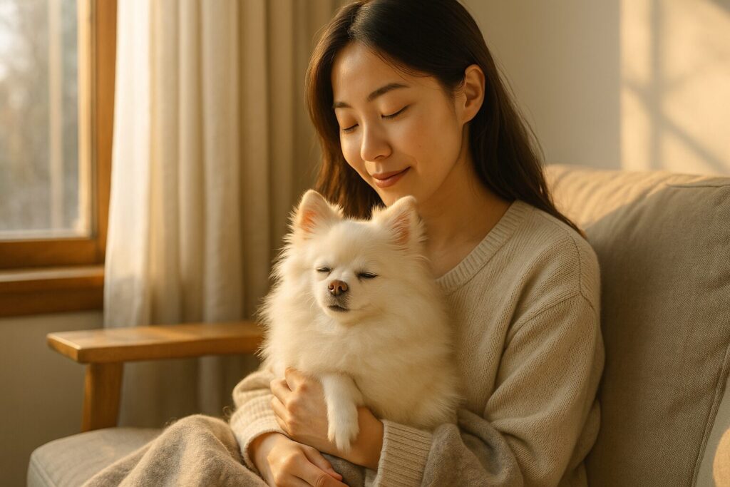 窓辺で白ポメラニアンを抱く日本人女性と冬の柔らかい日差しの写真