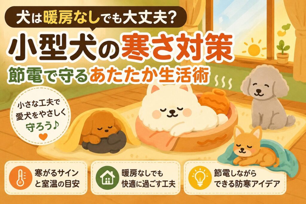 暖房なしでも快適に冬を過ごす小型犬たちのイラスト。毛布や湯たんぽを使った寒さ対策と節電アイデアを紹介するアイキャッチ画像