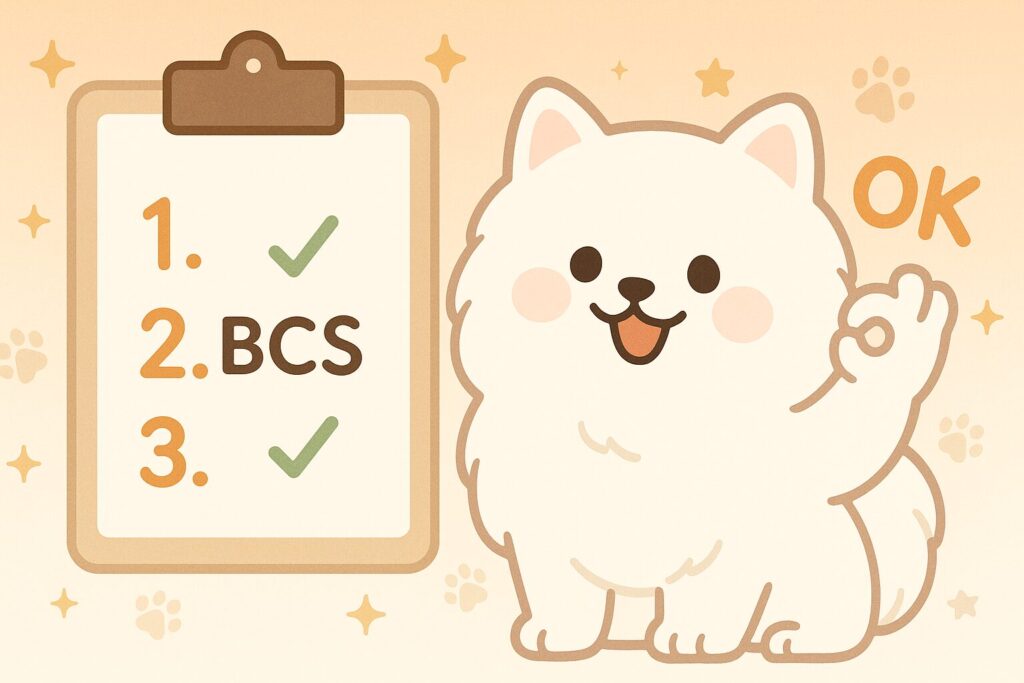 白ポメがチェックリストを前にOKポーズをする、3ステップのまとめイラスト