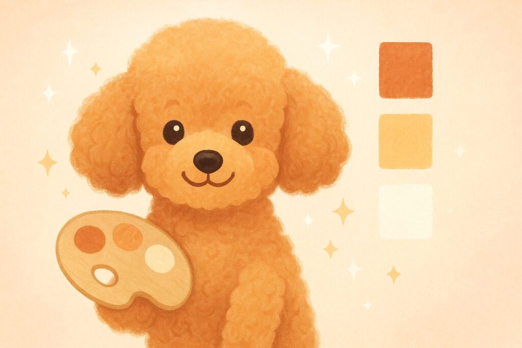 アプリコットプードルが淡いパレットを抱えてニコッとする、色がふわっと変わる可愛いイラスト